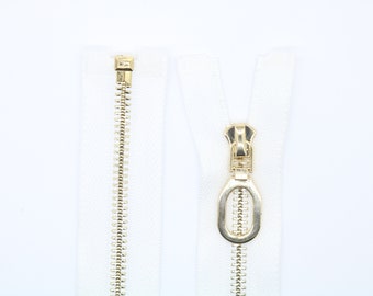 Tip#5 Metal Zipper Gold Teeth | White | 4 inch-29.5 inch Size |Fashion Zipper,DIY Handcraft, Coat Jacket Zippers, Jacket Zipper