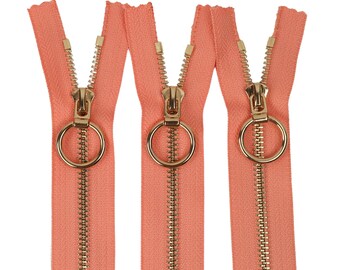 5 Pcs Tip #5 Gold Metal Zipper, Coral Color, 6-40 inches sizes, High Quality, Handcraft zippers, cloth zipper, lightweight zipper