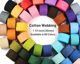 1 1/4 Inch (30mm) Cotton Webbing, Available in 60 Solid colors, 30mm wide webbing, Heavy Webbing for craft supplies, webbing by the yard