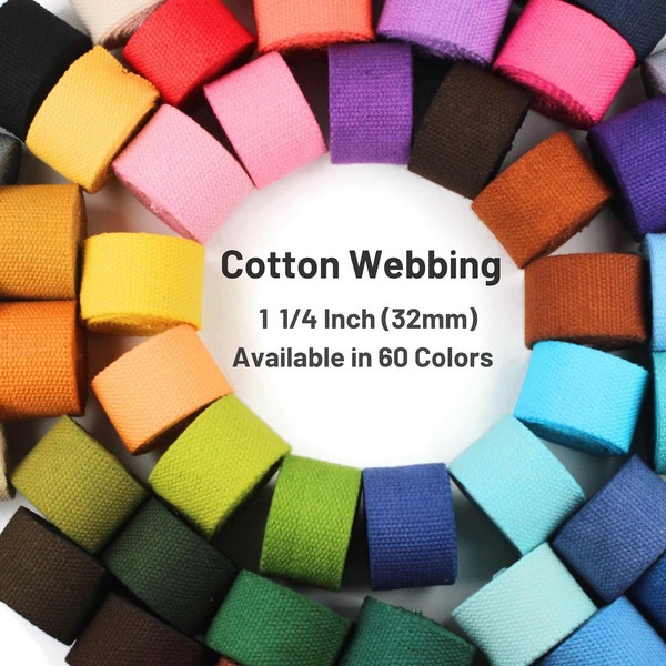 1 1/4 Inch (32mm) Cotton Webbing, Available in 60 Solid colors, 32mm wide webbing, Heavy Webbing for craft supplies, webbing by the yard