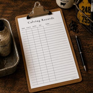 Peut inclure: Un presse-papier en bois brun tenant une feuille de papier blanche avec le titre imprim&eacute; Calving Records et des colonnes pour Date, Cow #, Calf #, Sex et Notes. Le papier inclut un petit logo CJ RANCH CO. dans le coin inf&eacute;rieur droit.