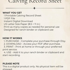 Peut inclure: Une fiche d'enregistrement de v&ecirc;lage num&eacute;rique sur fond beige clair. Le texte comprend les sections What You Get, How It Works et Please Note, pr&eacute;cisant le format papier US Letter 21,59 x 27,94 cm et les d&eacute;tails de t&eacute;l&eacute;chargement par CJ Ranch Co.