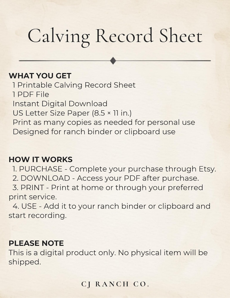Peut inclure: Une fiche d'enregistrement de v&ecirc;lage num&eacute;rique sur fond beige clair. Le texte comprend les sections What You Get, How It Works et Please Note, pr&eacute;cisant le format papier US Letter 21,59 x 27,94 cm et les d&eacute;tails de t&eacute;l&eacute;chargement par CJ Ranch Co.