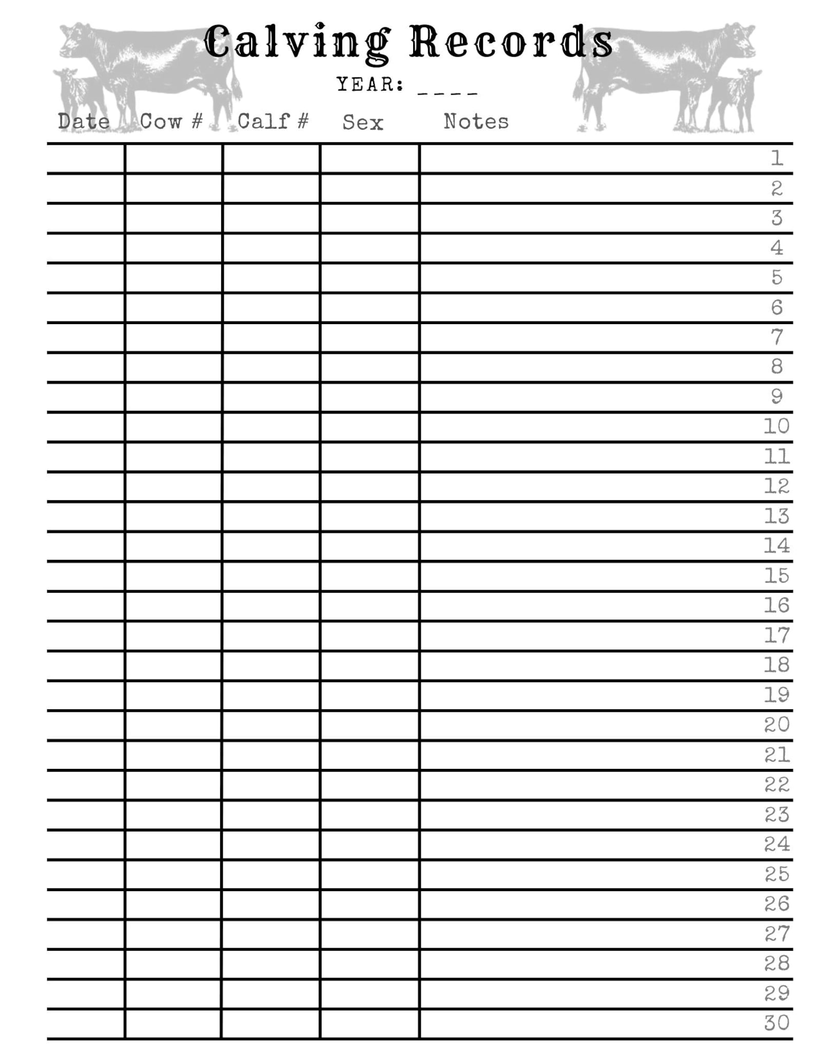 Calving Sheets.pdf Calving Record Sheet Printable | Numbered Cattle Log (PDF Download) - Etsy