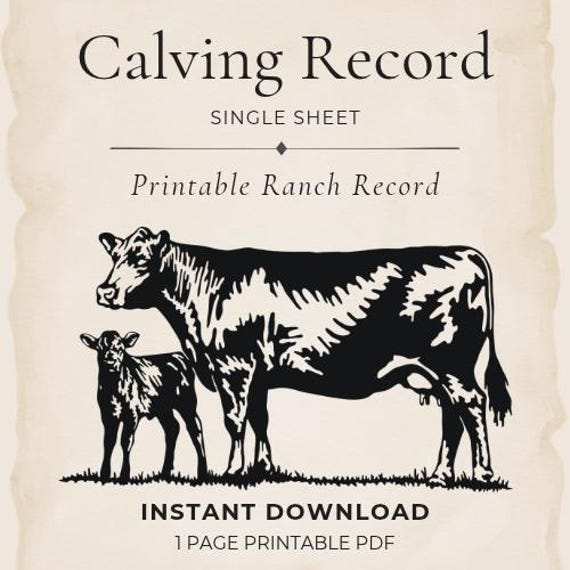 Calving Record Sheet | Cattle Ranch Calving Log | Printable PDF