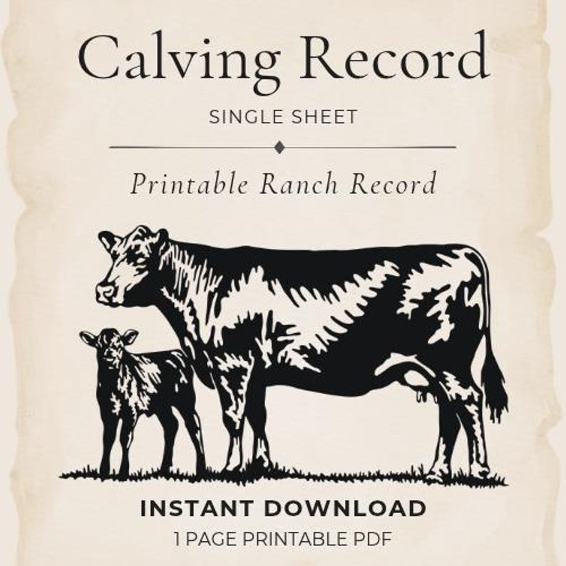 Peut inclure: Un document imprimable intitul&eacute; Calving Record Single Sheet Printable Ranch Record avec une illustration en noir et blanc d'une vache et d'un veau sur l'herbe. Le texte Instant Download 1 Page Printable PDF figure en bas.