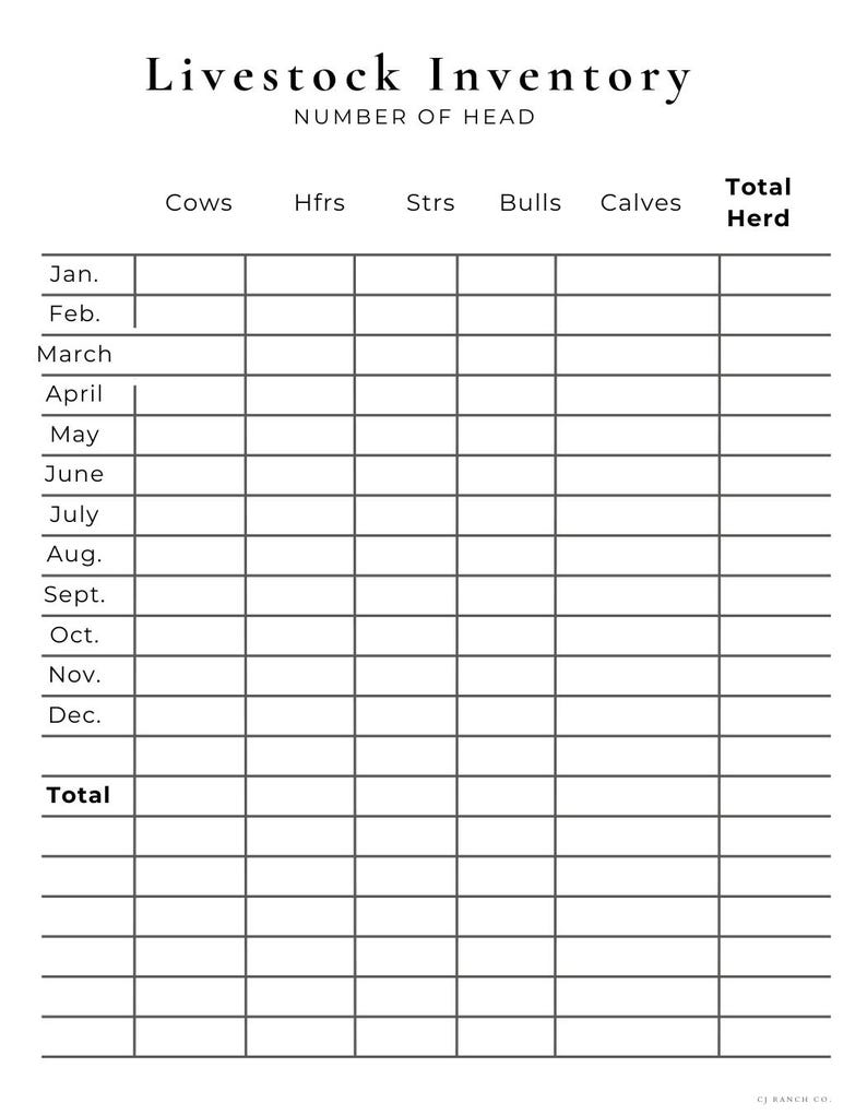 May include: A black and white printable livestock inventory log sheet with the title Livestock Inventory Number of Head. The grid includes columns for Cows, Hfrs, Strs, Bulls, Calves, and Total Herd, with rows for each month and a final total row.