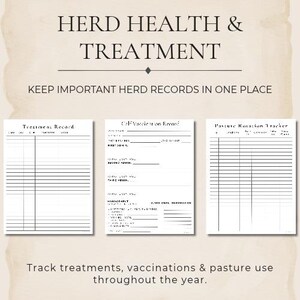 May include: A set of three white printable forms with black text titled HERD HEALTH & TREATMENT, KEEP IMPORTANT HERD RECORDS IN ONE PLACE, Treatment Record, Calf Vaccination Record, and Pasture Rotation Tracker, with text Track treatments, vaccinations & pasture use throughout the year.