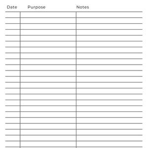 May include: A white printable log sheet titled Cattle Worked with three columns labeled Date, Purpose, and Notes. The document features horizontal lines for recording information and includes the small text CJ RANCH CO. at the bottom right corner.