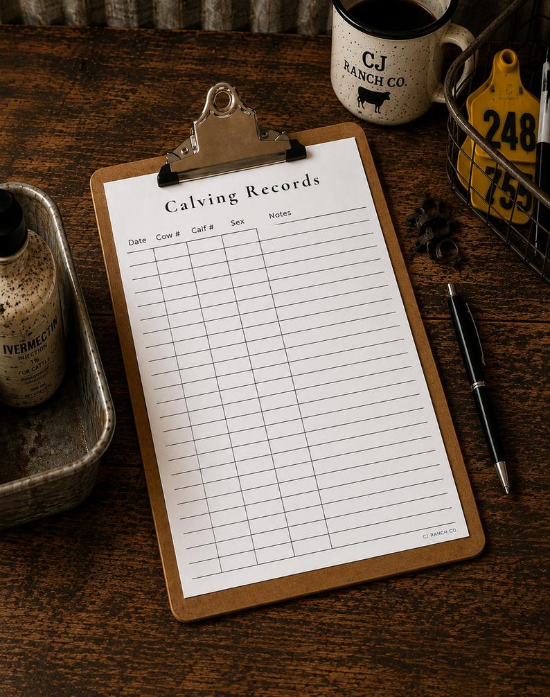 Peut inclure: Un presse-papier en bois brun tenant une feuille de papier blanche avec le titre imprim&eacute; Calving Records et des colonnes pour Date, Cow #, Calf #, Sex et Notes. Le papier inclut un petit logo CJ RANCH CO. dans le coin inf&eacute;rieur droit.