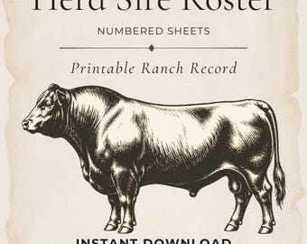 May include: A printable Herd Sire Roster document featuring a detailed black ink illustration of a bull on a light beige background. The text reads Herd Sire Roster, Numbered Sheets, Printable Ranch Record, Instant Download, 2 Printable PDF Sheets.