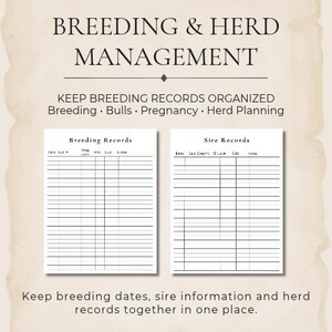 May include: A digital document template for Breeding & Herd Management featuring two white pages with black text and grid lines. The left page is titled Breeding Records and the right page is titled Sire Records, with columns for dates and notes.