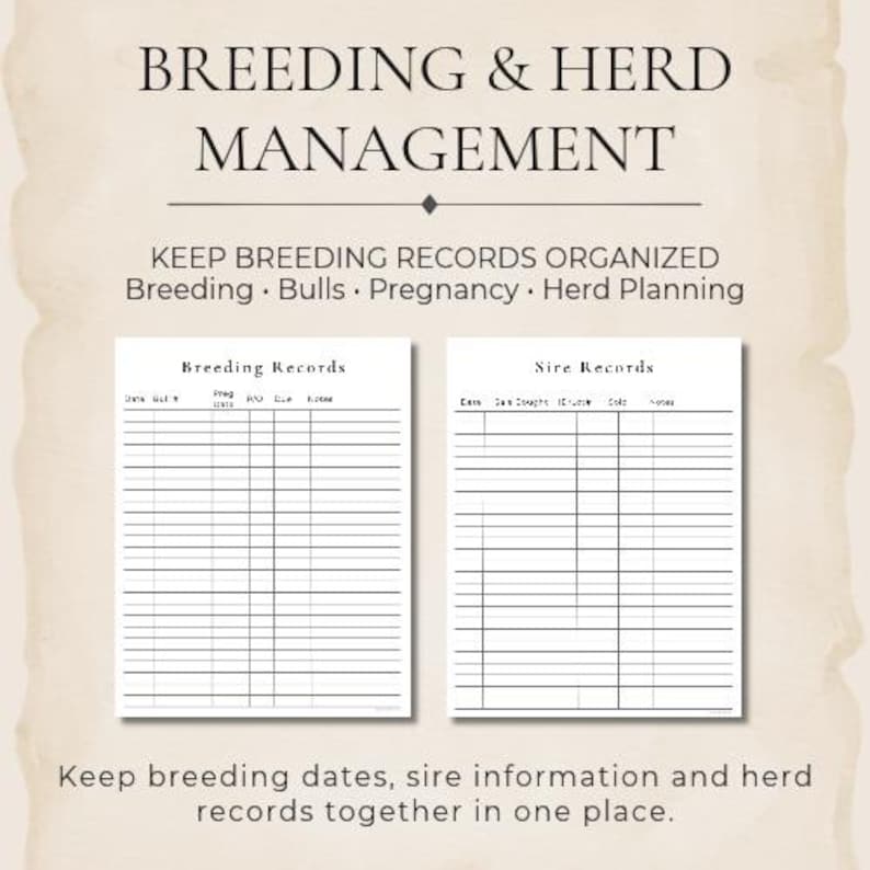 May include: A digital document template for Breeding & Herd Management featuring two white pages with black text and grid lines. The left page is titled Breeding Records and the right page is titled Sire Records, with columns for dates and notes.