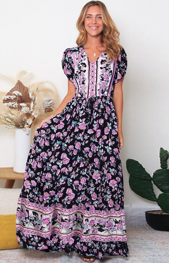 Hermosa Black BOHEMIAN Floral Boho MAXI Dress Vacay Everyday Etsy