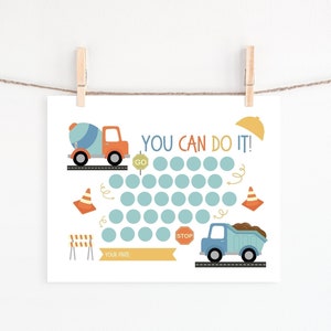 Könnte beinhalten: Ein druckbares Diagramm mit einem Bau-Thema. Es zeigt einen Betonmischer, einen Kipplaster und ein Stoppschild. Das Diagramm hat ein Raster aus Kreisen, um den Fortschritt zu verfolgen. Der Text "You Can Do It!" steht oben auf dem Diagramm.