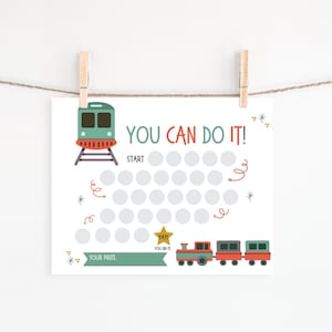 Può includere: Un grafico stampabile a tema treno per i bambini per tenere traccia dei loro progressi. Presenta un treno verde, un treno rosso e il testo "YOU CAN DO IT!" e "START".