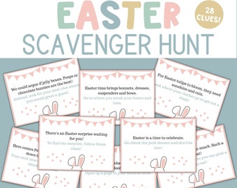 May include: A printable Easter scavenger hunt with 28 clues. The clues are written on pink cards with bunny ears and polka dots. The cards are decorated with pink and white bunting. The text on the cards includes phrases like "Easter time brings bonnets, dresses, suspenders and bows" and "There's an Easter surprise waiting for you!"