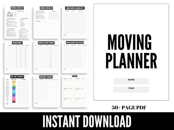 Printable Moving Planner - 50+ Pages - Checklists, Budget, Quotes, Cleaning, Address, Box Labels - Organize Your Move with Ease!