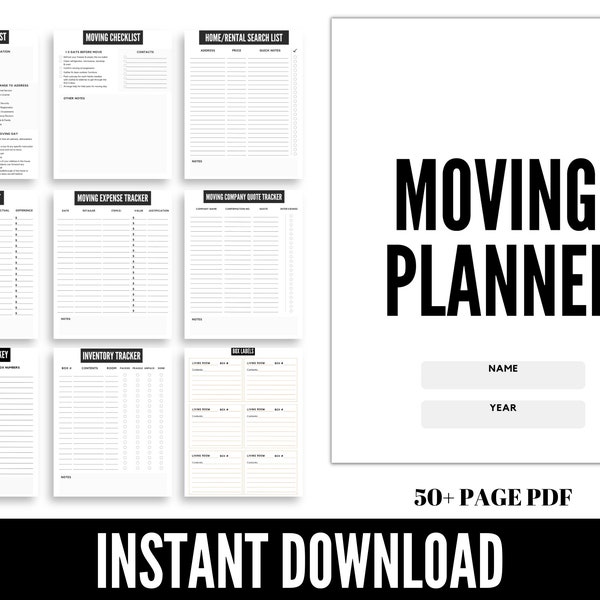 Printable Moving Planner - 50+ Pages - Checklists, Budget, Quotes, Cleaning, Address, Box Labels - Organize Your Move with Ease!