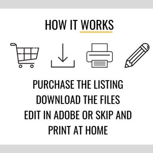 May include: White graphic with the text "HOW IT WORKS" and instructions: "PURCHASE THE LISTING, DOWNLOAD THE FILES, EDIT IN ADOBE OR SKIP AND PRINT AT HOME." Includes icons of a shopping cart, download arrow, printer, and pencil.