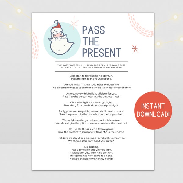 Pass the Present Game, Pass the Gift Game Poem, Pass the Parcel Game, Christmas Party Game, Christmas Group Game Printable, Instant Download