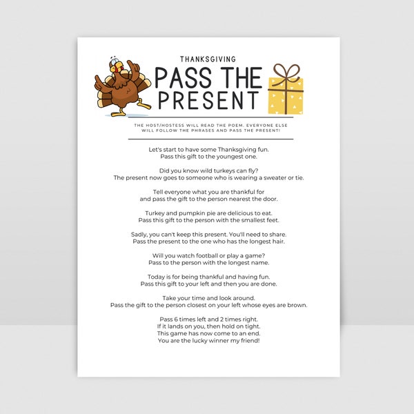 2023 Thanksgiving Pass the Present Printable Game for Families or Office Parties- Instant Download