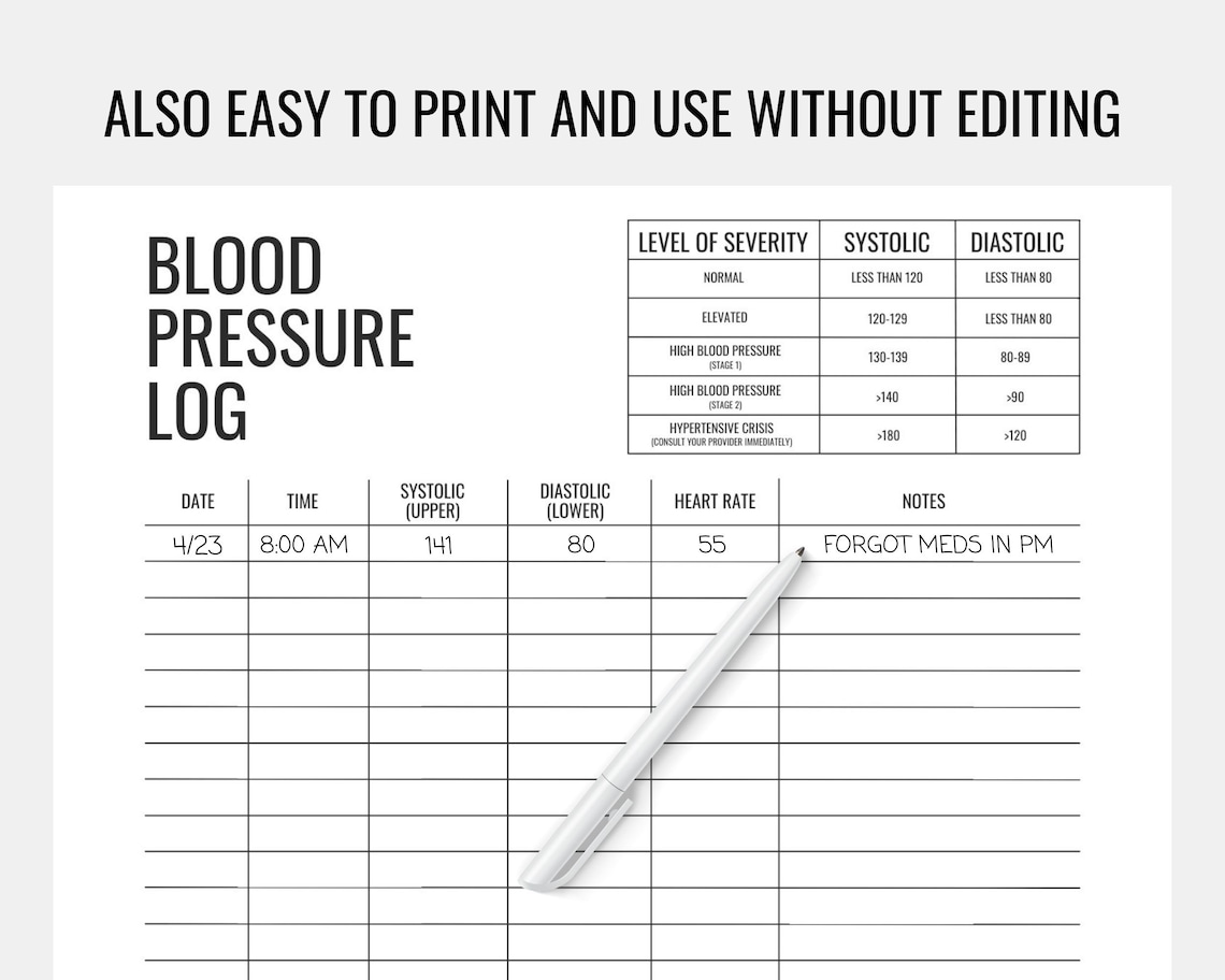 Blood Pressure Log Editable Printable Blood Pressure Tracker | Etsy UK