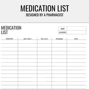 May include: A printable medication list designed by a pharmacist. The list includes sections for medication name, how to take it, why you use it, prescriber, and notes. There are also sections for name and allergies.