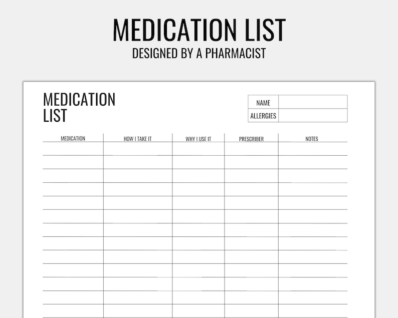 May include: A printable medication list designed by a pharmacist. The list includes sections for medication name, how to take it, why you use it, prescriber, and notes. There are also sections for name and allergies.