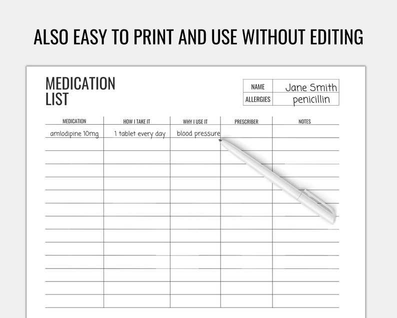 May include: A printable medication list with columns for medication, how to take it, why you use it, prescriber, and notes. The list includes a sample entry for amlodipine 10mg, taken 1 tablet every day for blood pressure. The top of the page includes a space for name and allergies, with the sample name Jane Smith and allergy penicillin.