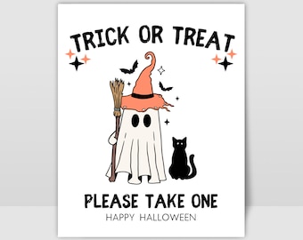 May include: A white ghost wearing a witch hat and holding a broom stands next to a black cat. The text "Trick or Treat" is at the top of the image, and "Please Take One" is at the bottom. The text "Happy Halloween" is below "Please Take One".