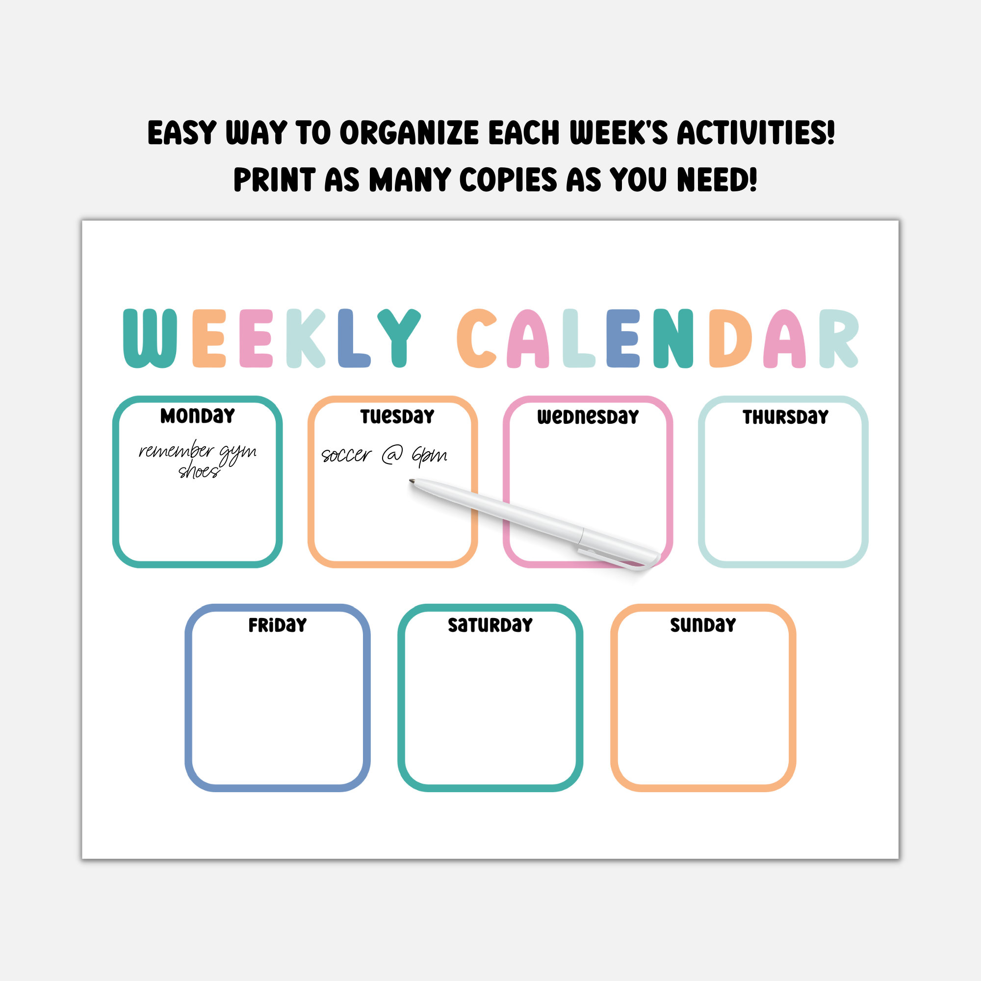 Weekly Calendar for Kids, Preschool Printable, Printable Planner, Days of the Week Planner ...
