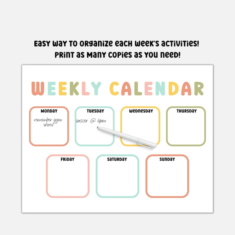Weekly Calendar for Kids Preschool Printable Printable - Etsy