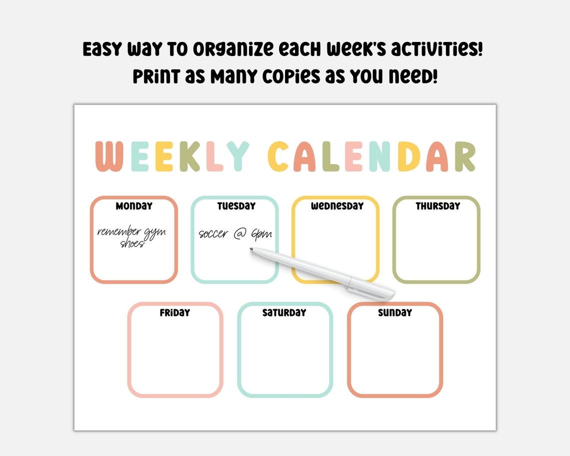 Weekly Calendar for Kids Preschool Printable Printable | Etsy