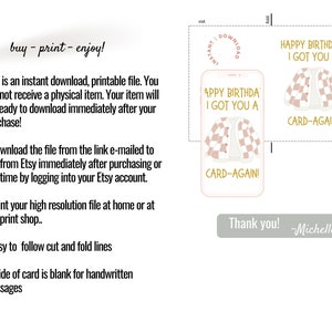 May include: Printable birthday card featuring a pink and white checkered cardigan with the text "Happy Birthday! I got you a card-again!"  The card is an instant download and includes instructions for printing and cutting.