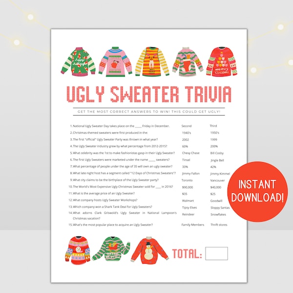 Ugly Sweater Christmas Trivia Party Game for Office Parties, Printable Holiday Party Game for Adults