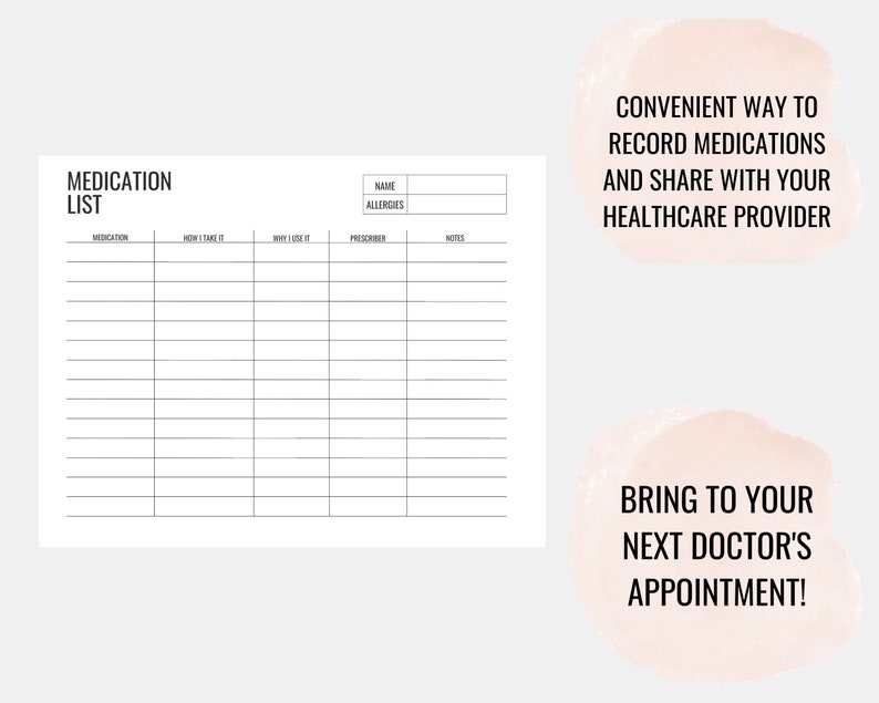 May include: A printable medication list with sections for medication name, how to take it, why you use it, prescriber, and notes. It also includes sections for name and allergies. The text "Convenient way to record medications and share with your healthcare provider" is at the top of the page. The text "Bring to your next doctor's appointment!" is at the bottom of the page.