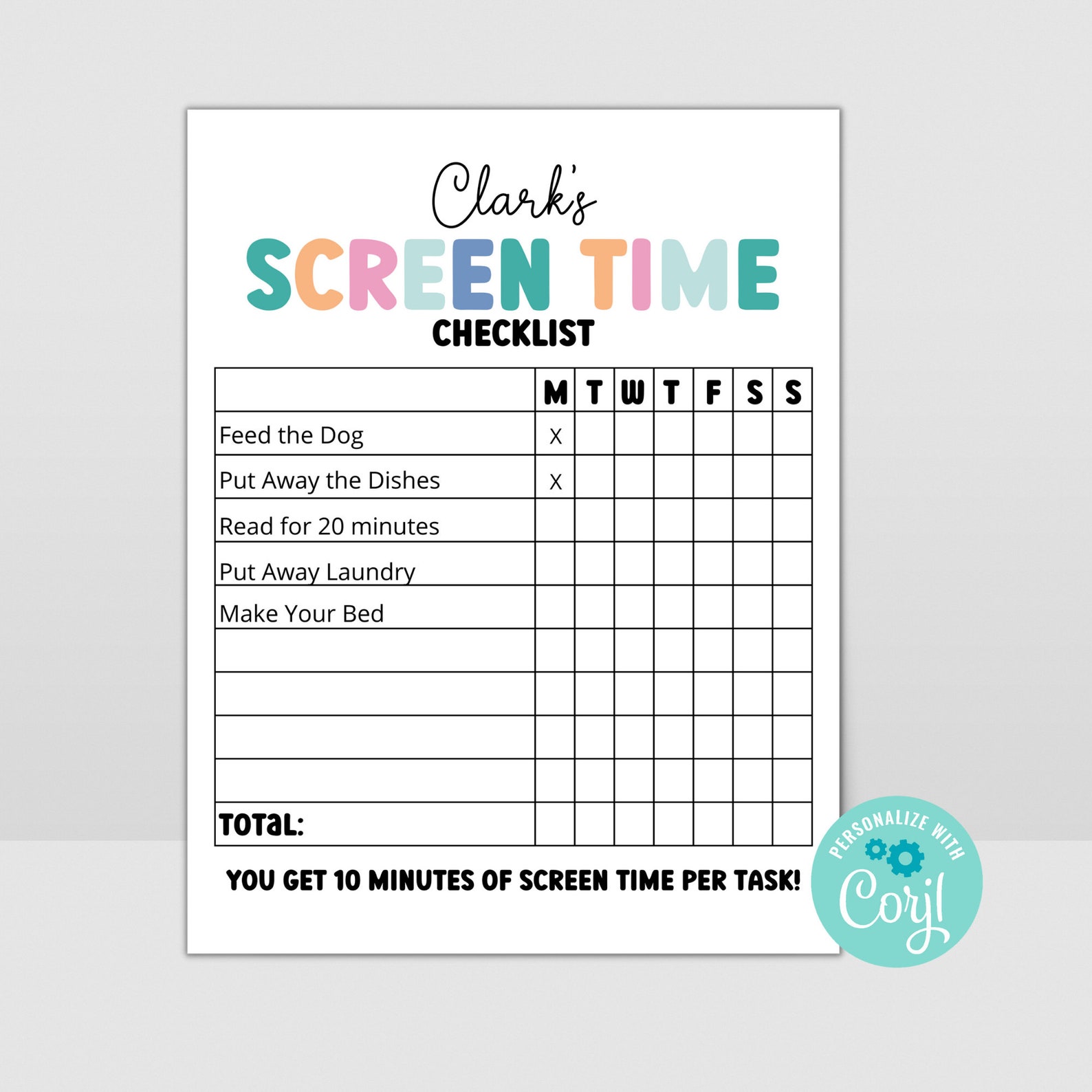 Screen Time Checklist for Kids, Printable Chore Chart, Daily Screen ...