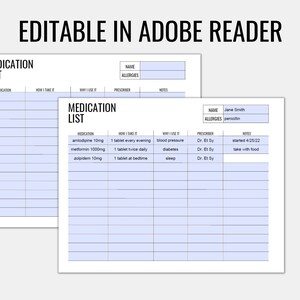 May include: A printable medication list form with fields for name, allergies, medication, how to take it, why you use it, prescriber, and notes. The form is designed to be filled out and used to track medication information.