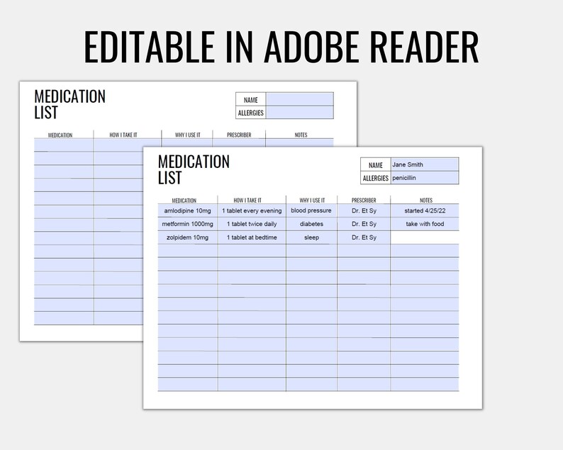 May include: A printable medication list form with fields for name, allergies, medication, how to take it, why you use it, prescriber, and notes. The form is designed to be filled out and used to track medication information.