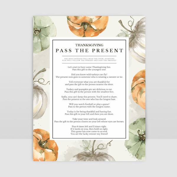 2023 Pass the Present Printable Thanksgiving Game for Families or Office Parties