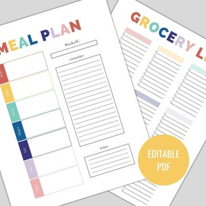 May include: Two white sheets of paper with colorful text and designs. One sheet says "MEAL PLAN" and has boxes for each day of the week. The other says "GROCERY LIST" with checklist lines. A yellow circle says "EDITABLE PDF".