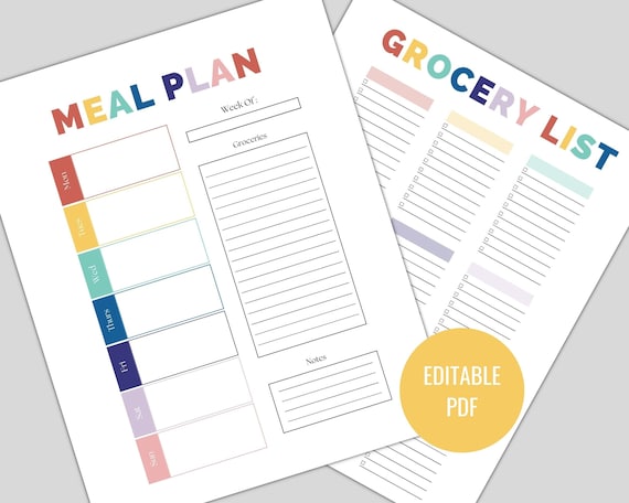 Weekly Meal Planner, Printable Meal Plan, Weekly Menu Planner, Grocery List Template, Family Meal Plan, Instant Download, Grocery List