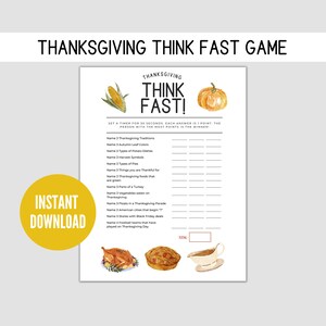 Thanksgiving Trivia Game, Think Fast Game, Thanksgiving Printable Games, Fun Friendsgiving Game, 2022 Game, Family Game, Instant Download