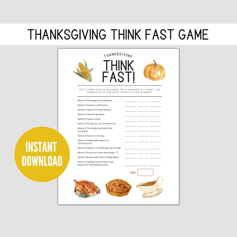Thanksgiving Trivia Game, Think Fast Game, Thanksgiving Printable Games