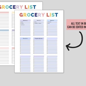 May include: Two white sheets of paper with a colorful "GROCERY LIST" header. The lists are divided into sections for bakery, dairy, meats, fruits, and vegetables. Each section has checkboxes for easy list-making. Text in blue can be edited in Adobe.