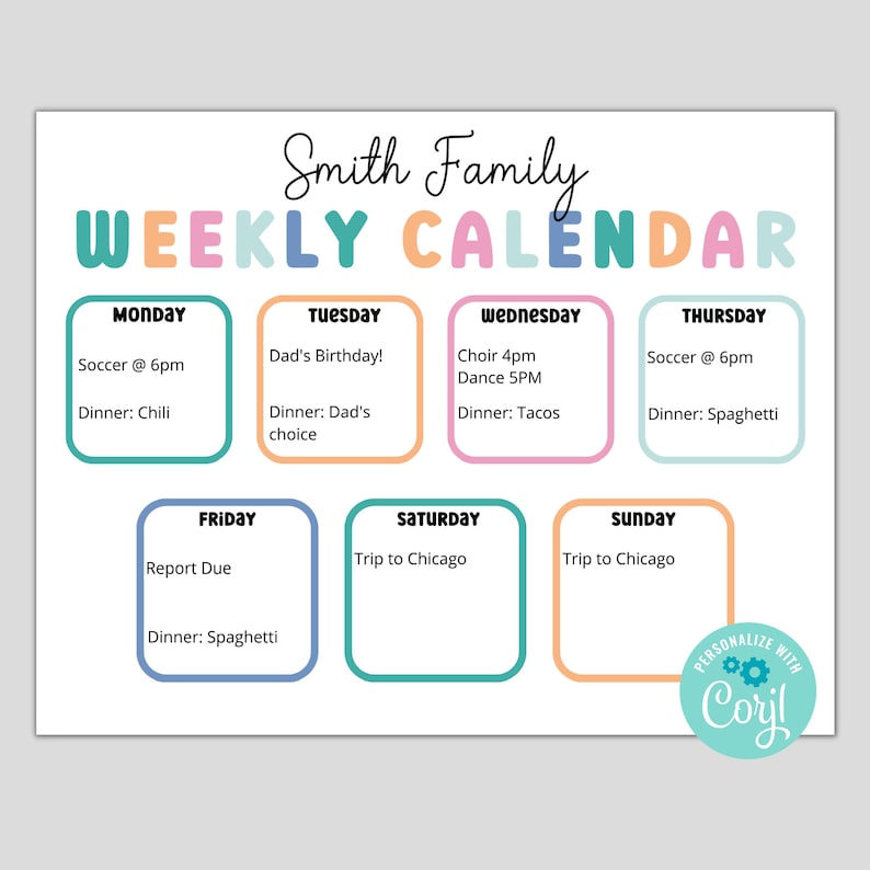 Weekly Calendar for Kids Editable Printable Calendar - Etsy