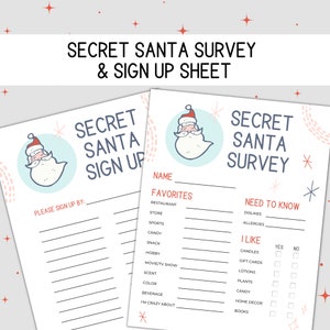 Secret Santa Questionnaire Printable for Holiday Gift Exchange, Holiday Elves Form, Work Secret Santa Form, Secret Santa Sign Up & Survey