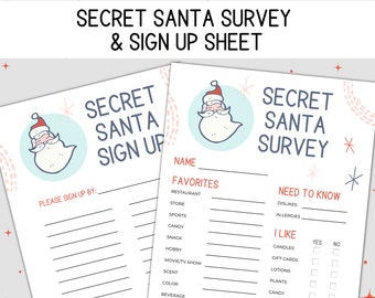 Secret Santa Questionnaire Printable for Holiday Gift Exchange, Holiday Elves Form, Work Secret Santa Form, Secret Santa Sign Up & Survey