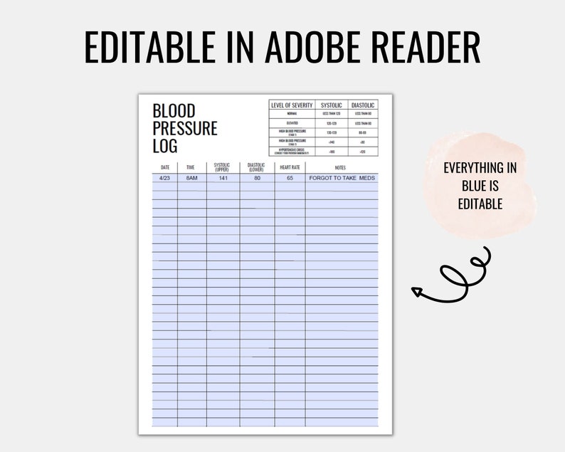 Blood Pressure Log Editable Printable, Blood Pressure Tracker, Medical ...